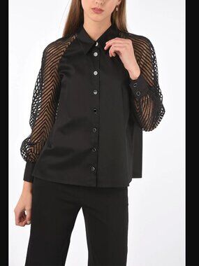 Just Cavalli Black Cotton Shirt with Transparent Embroidered Sleeves Size 46 XL